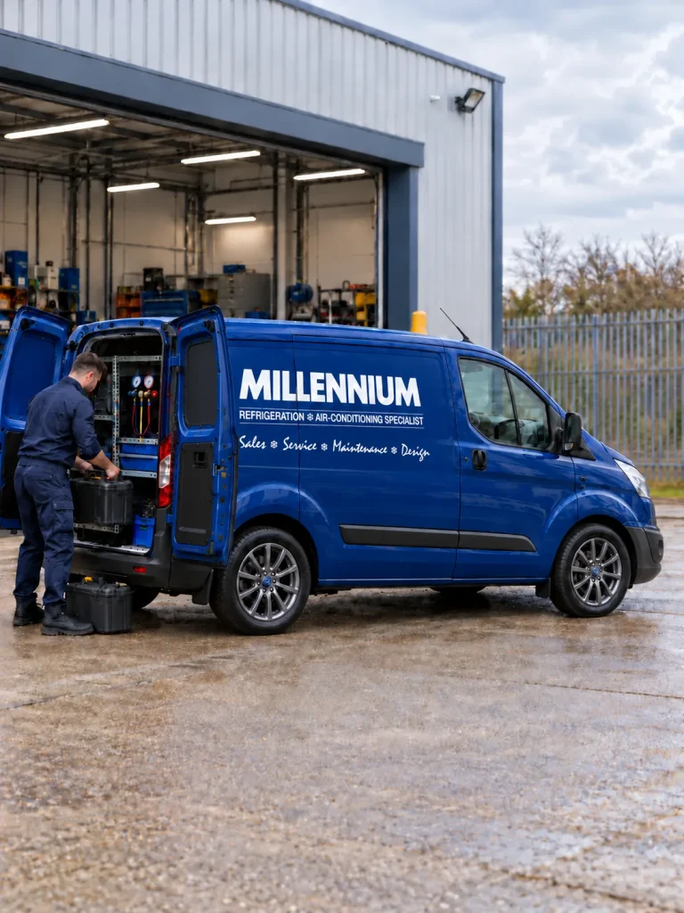 Millennium RAC engineer loading equipment into a clean blue service van with both rear doors open
