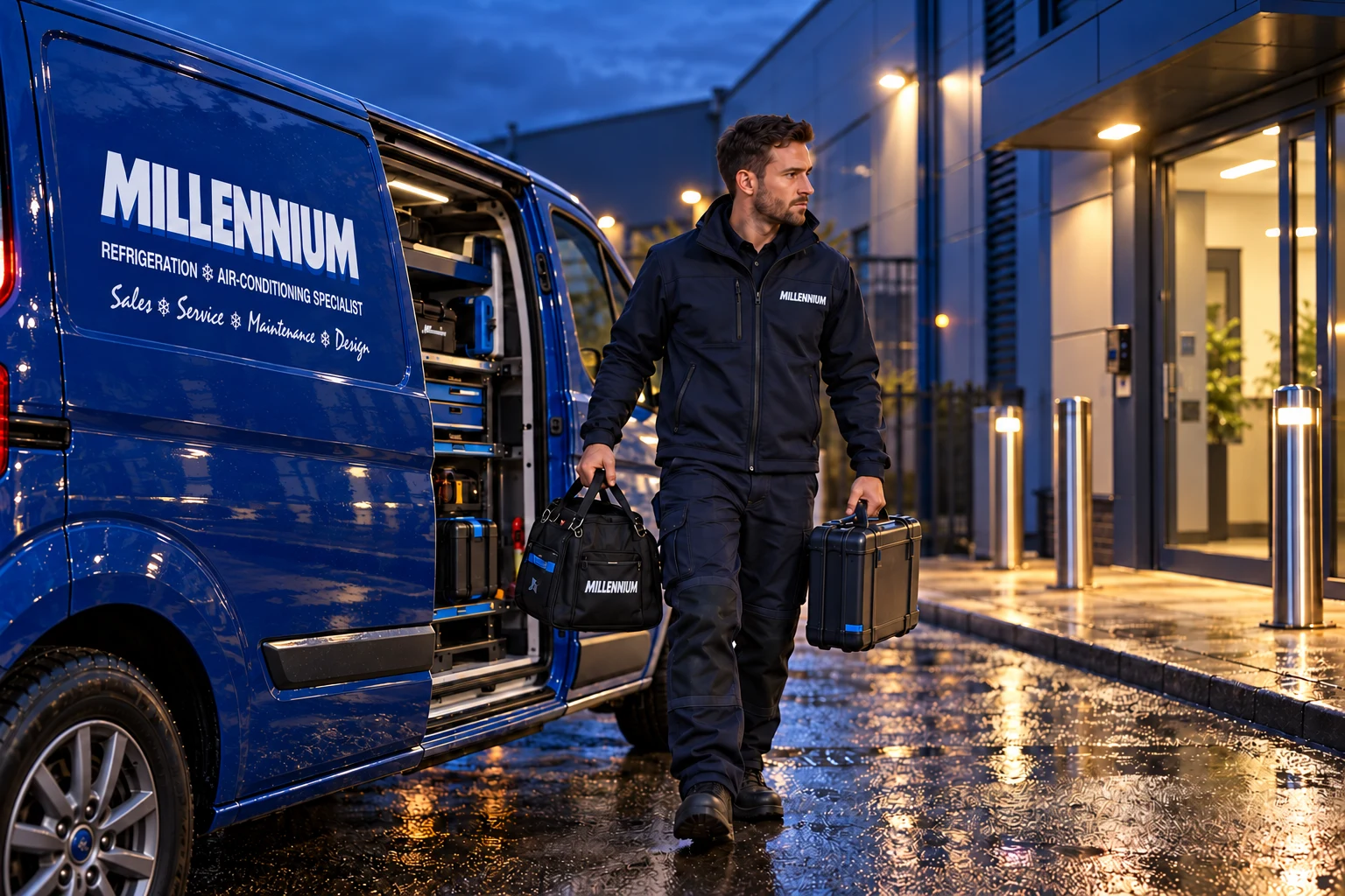 Engineer attending an emergency callout from a blue Millennium RAC van