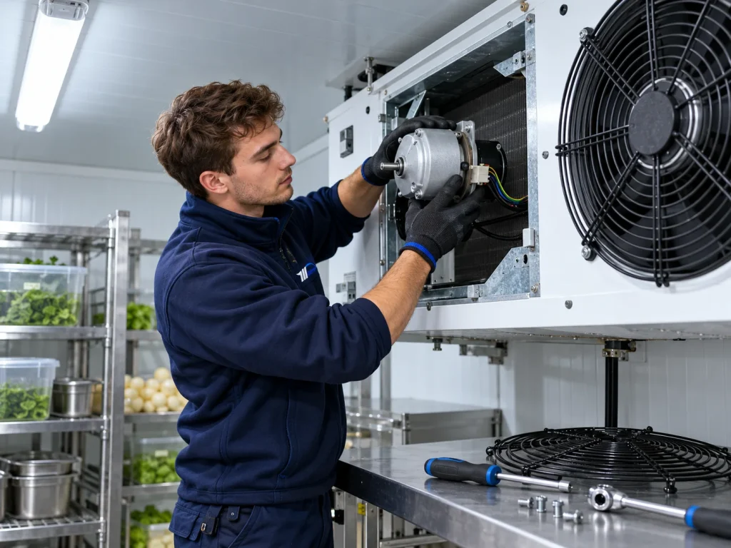 Millennium engineer replacing a failed cold-room evaporator fan motor