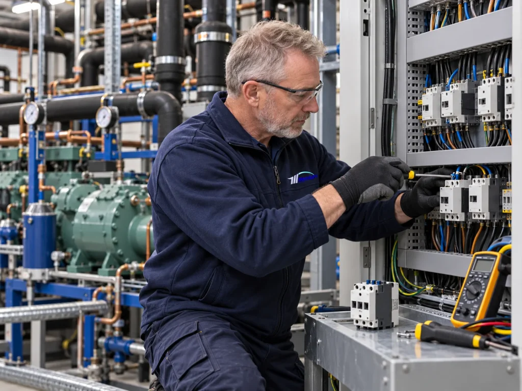 Millennium engineer replacing a failed refrigeration compressor contactor