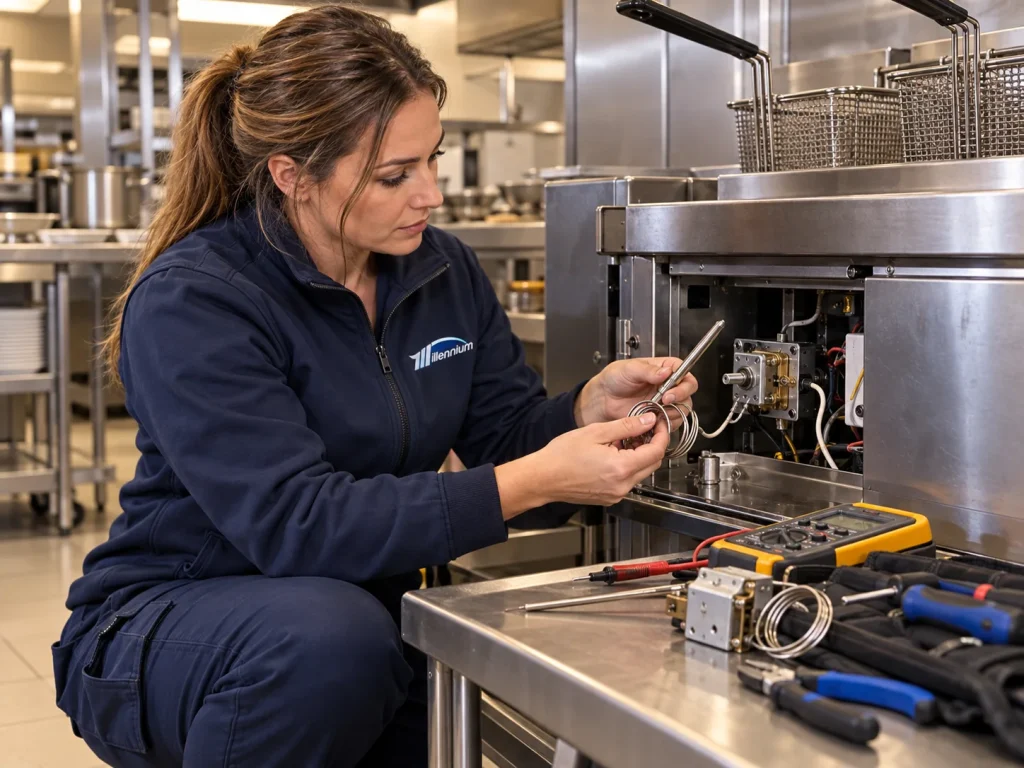 Millennium engineer replacing a commercial fryer thermostat