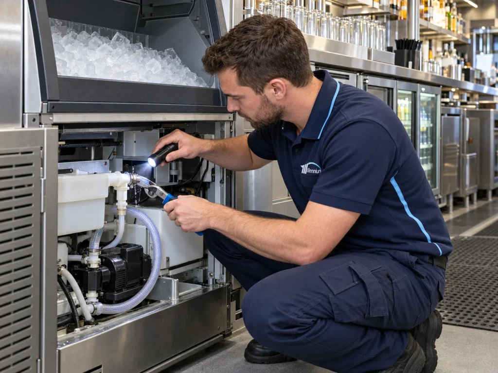 Millennium engineer repairing a water leak inside a commercial ice machine