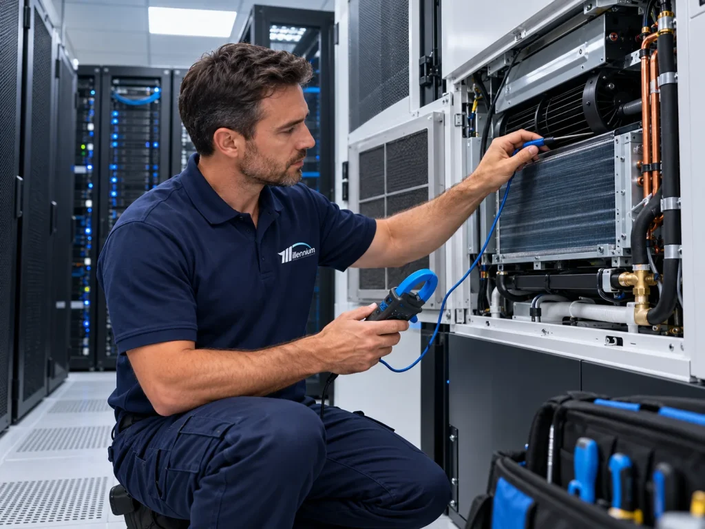 Millennium engineer restoring air conditioning in a commercial server room