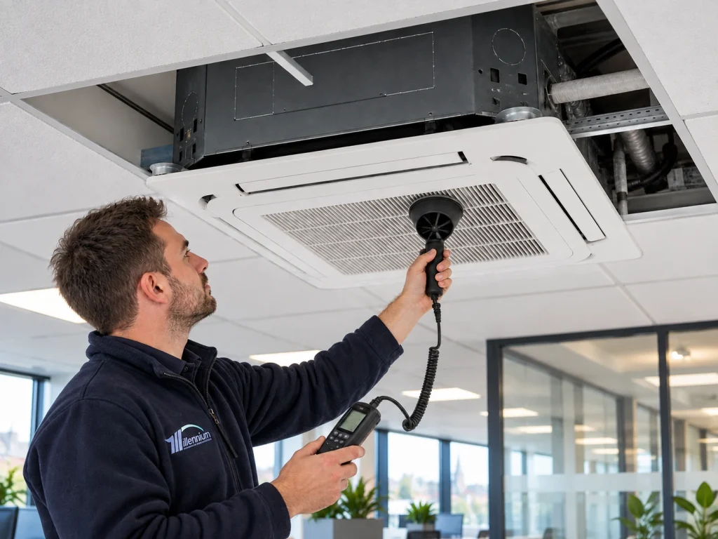 Millennium engineer commissioning a commercial ceiling cassette air-conditioning system