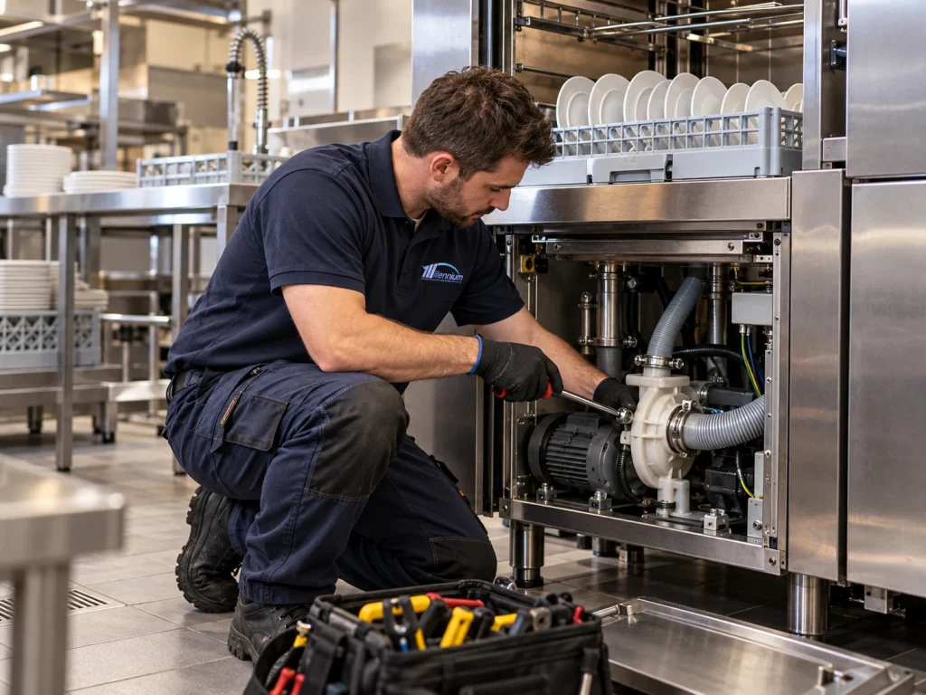 Millennium engineer servicing a commercial pass-through dishwasher