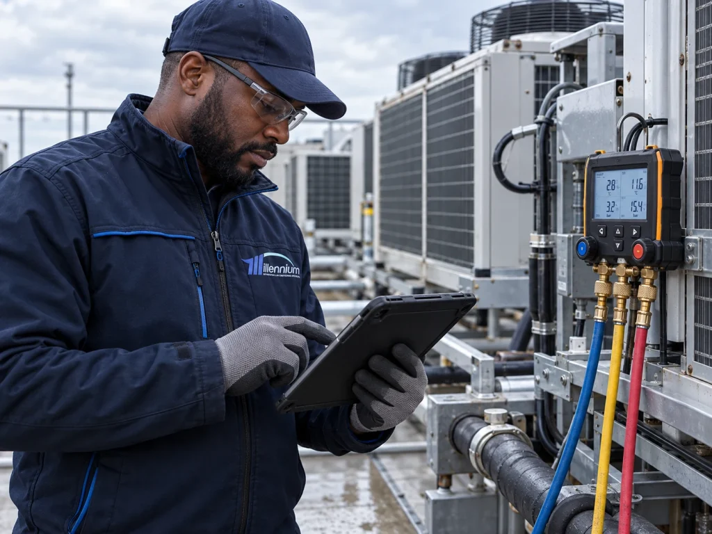 Millennium engineer recording commercial refrigeration maintenance readings