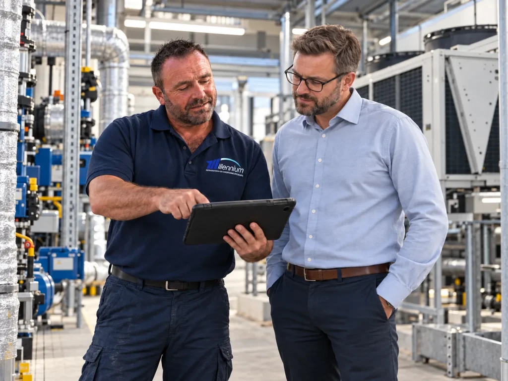 Craig from Millennium reviewing a facilities maintenance plan with a client