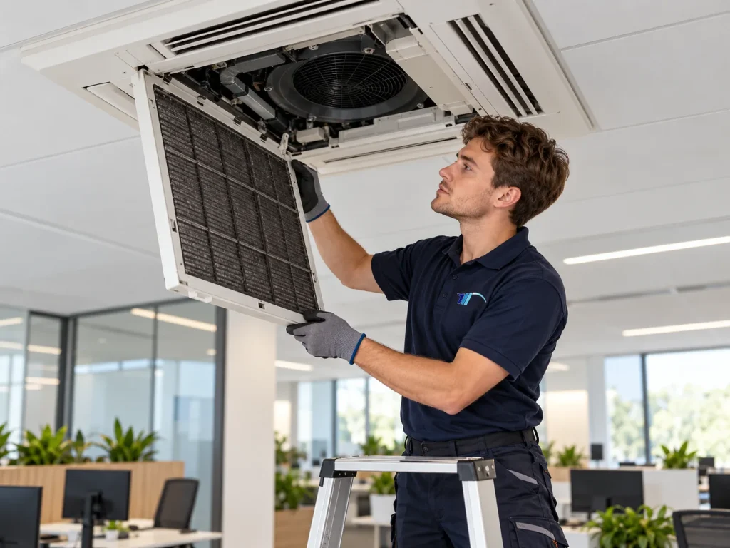 Millennium engineer inspecting a ceiling cassette air-conditioning filter