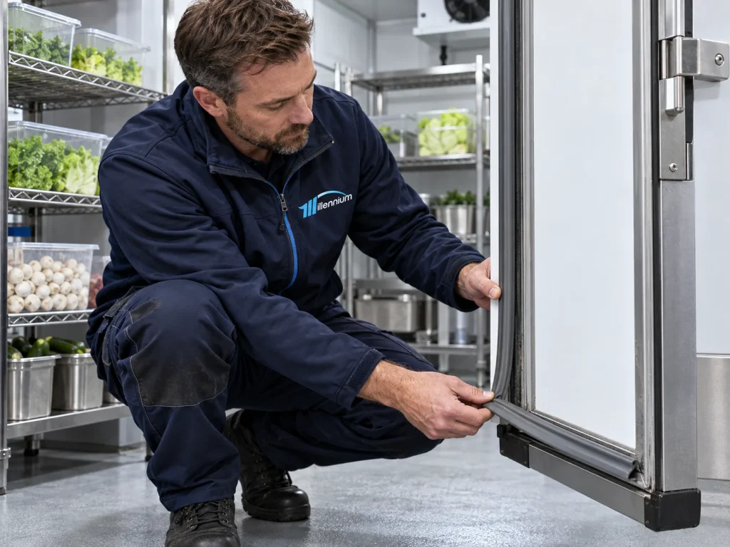Millennium engineer checking a commercial cold-room door seal