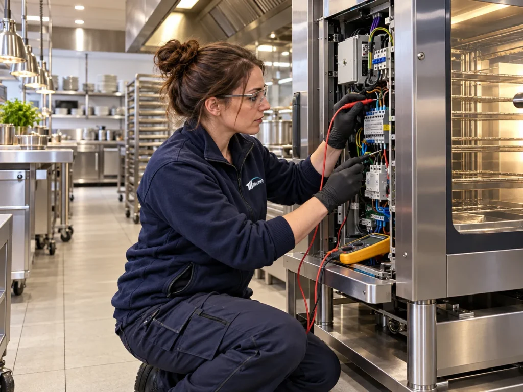 Millennium engineer testing the electrical controls of a commercial combi oven
