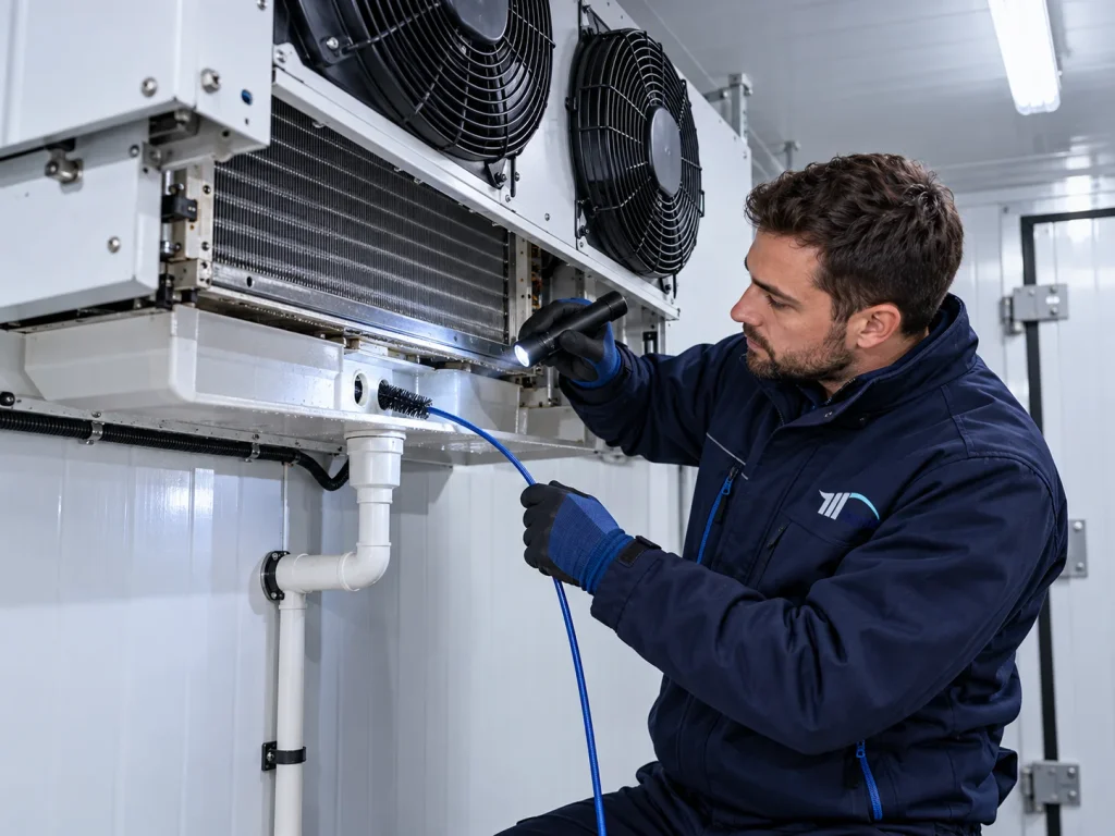 Millennium engineer clearing a cold-room evaporator defrost drain