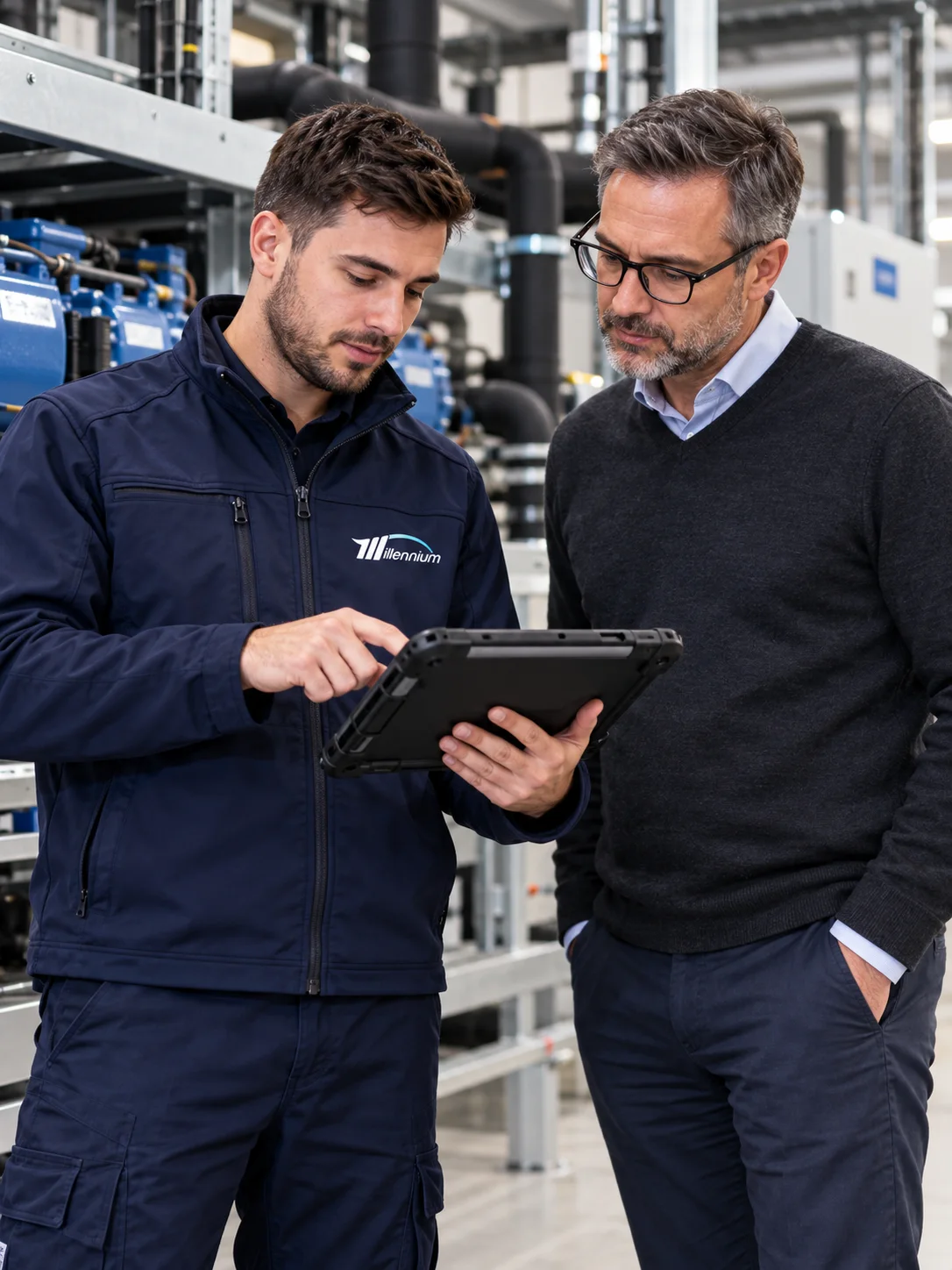 Millennium engineer reviewing a digital maintenance record with a facilities manager