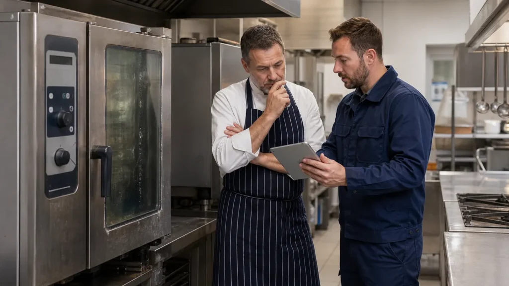 Commercial kitchen manager and engineer deciding whether to repair or replace a combi oven